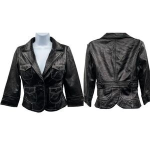 Vintage Bebe 100% Leather Black Four Pocket Cropped Blazer Jacket